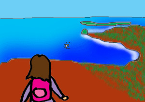 島から座頭鯨を発見した女性のイラスト
