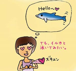 イルカと泳ぐことに憧れる女性のイラスト